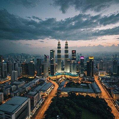 The modern skyline of Kuala Lumpur, Malaysia, with iconic buildings illuminated at night