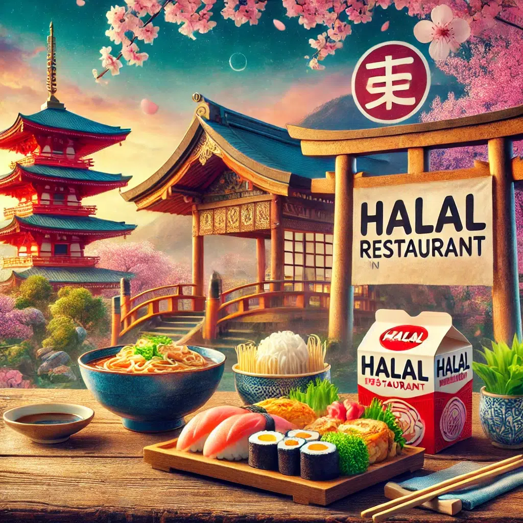 An inviting Japanese dining setup showcasing halal-friendly dishes, including sushi, ramen, and bento boxes, artfully arranged on a wooden table in a traditional setting