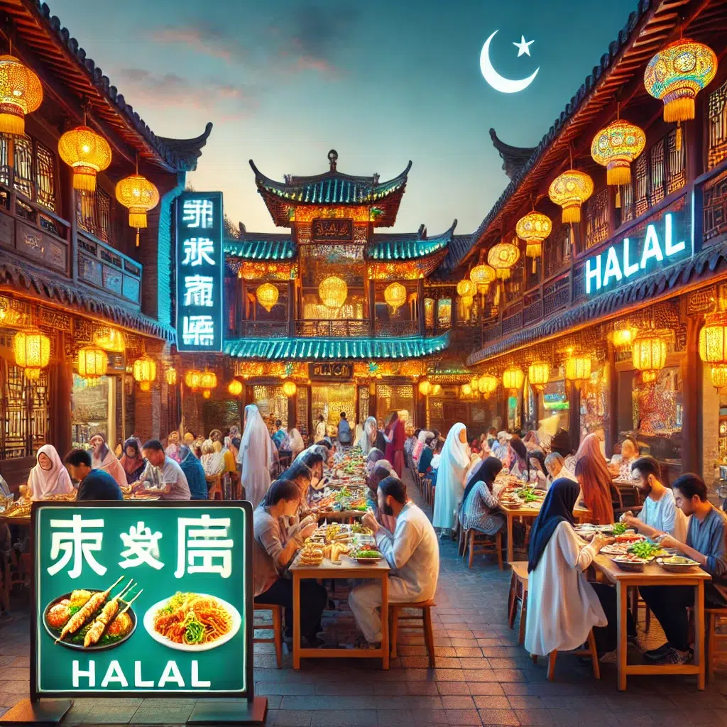 A vibrant scene of a halal restaurant in China during Ramadan. The setting includes traditional Chinese architecture with glowing lanterns, a diverse